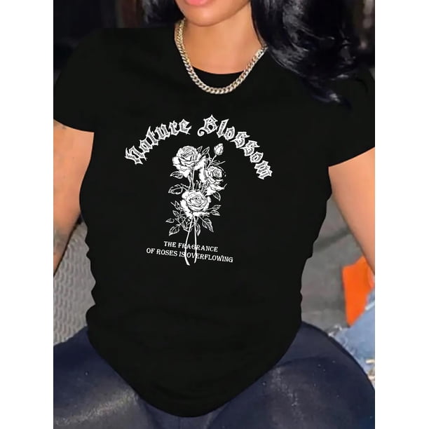 Camiseta de Mujer de Verano BásicaWomen'S Casual Sportswear T-Shirt with Letter Pattern, Round Neck, Medium Stretch Polyester for Casual Wear, All SeasonsFather's Day, Mother's Day, New Year, Spring