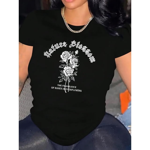 T-Shirt de Sport Décontracté pour Femme avec Motif de Lettres, Col Rond, Polyester Extensible Moyen pour Tenue Décontractée, Toutes Saisonsfête des Pères, Fête des Mères, Nouvel An, Fête du Printemps, Saint-Valentin, Indepep