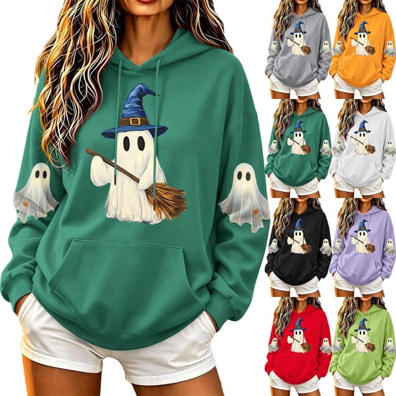 Jsaierl Halloween Sweatshirts Women Plus Size Ghost Graphic Pullover Hoodies Fall Holiday Long Sleeve Sweater Tops Halloween Costumes, Sizes S-2XL