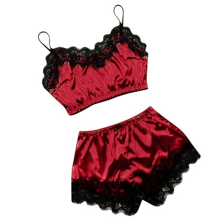 

muxika Women s Sleepwear Sexy V-Neck Lingerie Lace Satin Pajama Set Cami Shorts Nightwear
