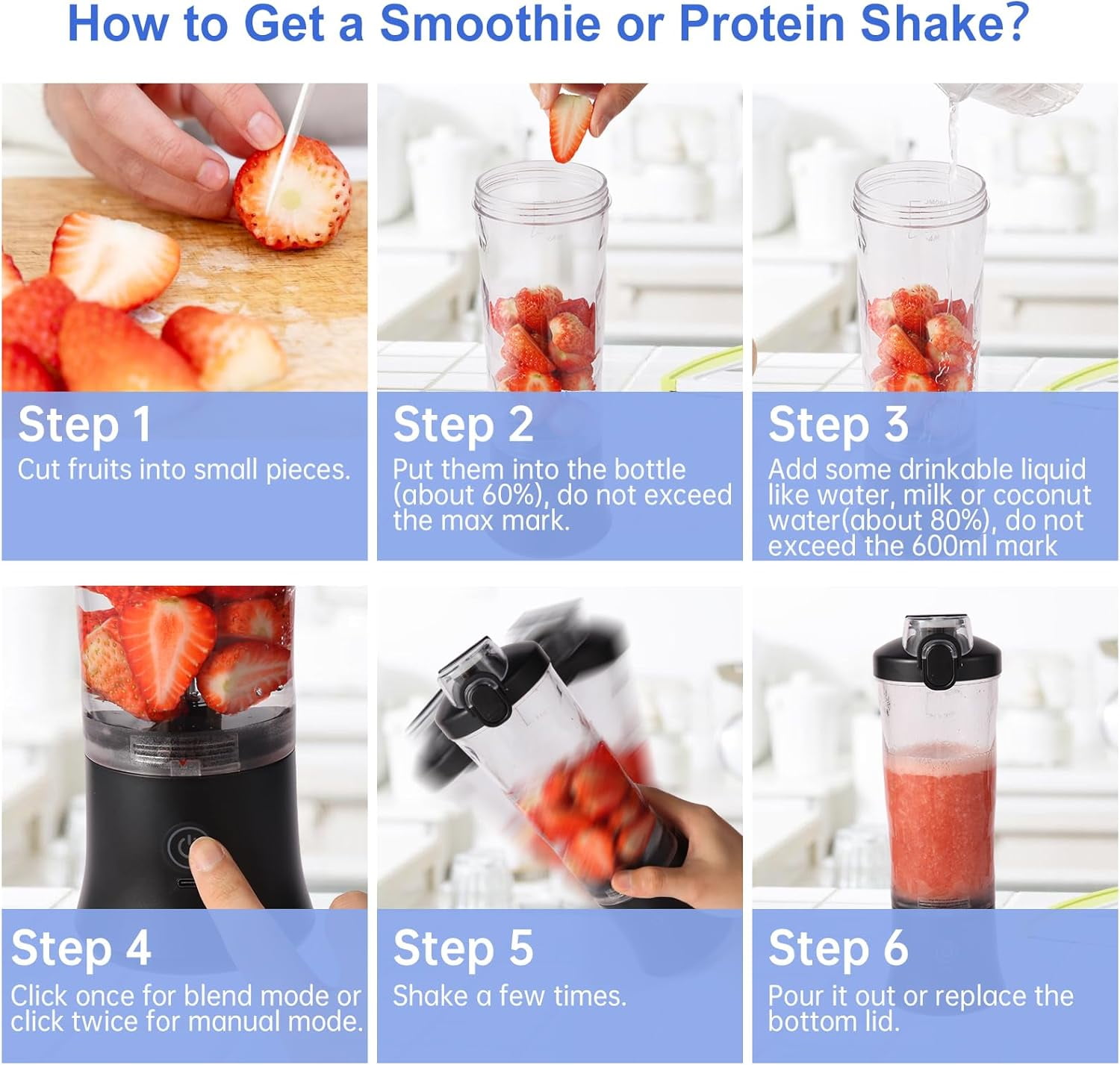 ORFELD Personal Portable Blender, Small Kitchen Appliances Blender Cup for Shakes and Smoothies Rechargeable Shaker Bottle, 20oz