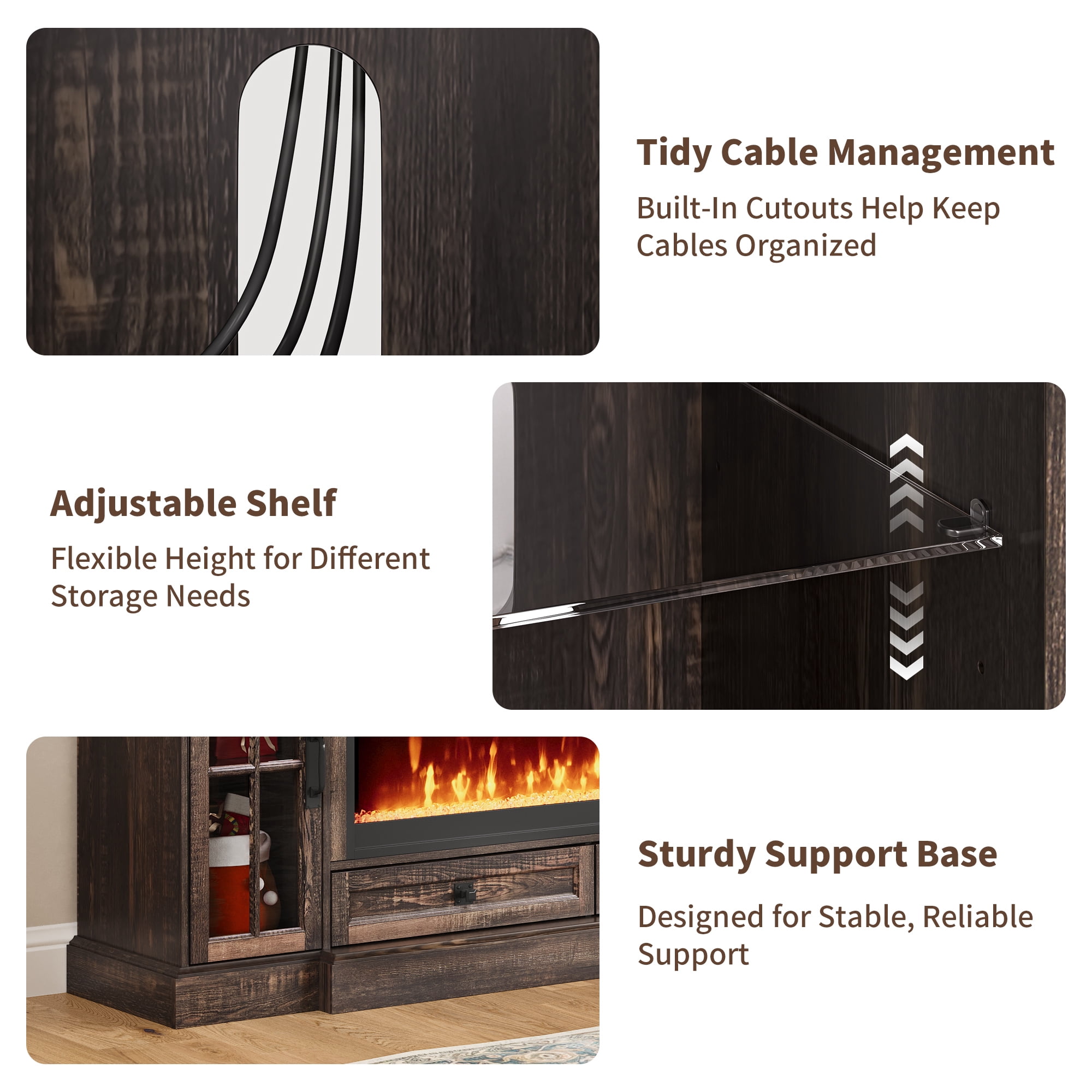 OKD TV Stand with Fireplace for 80 inch TVs, Farmhouse Entertainment Center with Storage, Dark Rustic Oak
