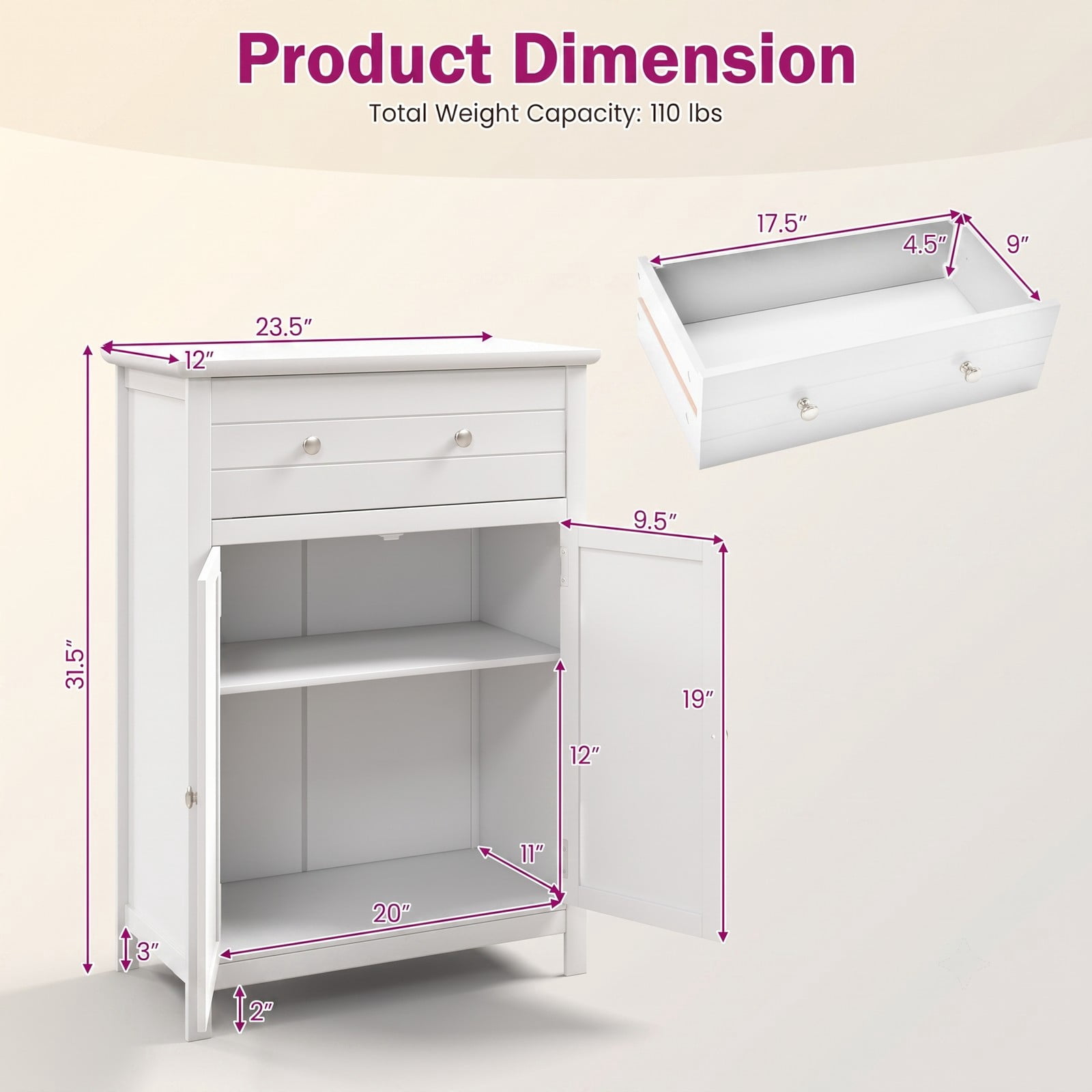 Fenbeli Free Standing Bathroom Storage Cabinet, 2-Door Floor Cabinet with Large Drawer and Adjustable Shelf, Waterproof MDF Side Organizer for Bathroom Living, White