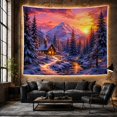 thumbnail image 6 of Snowy Cabin on a Stream with Snow-Capped Mountains at Sunset Serene Rustic for Nature Lovers Winter Cabin Art Decor Christmas Gift Tapestry Wall Hanging for Living Room and Bedroom, 6 of 7