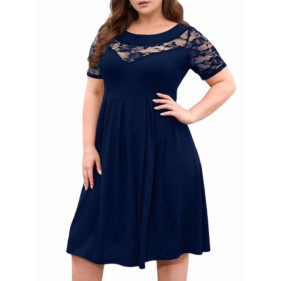 Plus Size Lace Chiffon Wrap Crew Neck Dresses Women Cocktail Wedding Guest Midi Dress Blue XXXL