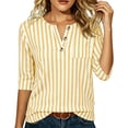 thumbnail image 4 of MaFYtyTPR Women's V-Neck Striped 3/4 Sleeve Tops Casual Relaxed Button Blouse for Spring Summer Daily Wear Yellow XL, 4 of 6