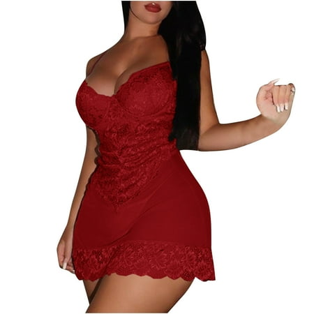 HomeGardon Clearance Women s Plus Size Chemise Floral Lace Lingerie Bodysuit Mesh Babydoll Sleepwear Women s Sling Soild Sexy Lace Splicing Satin Nightdress Red S-XXL