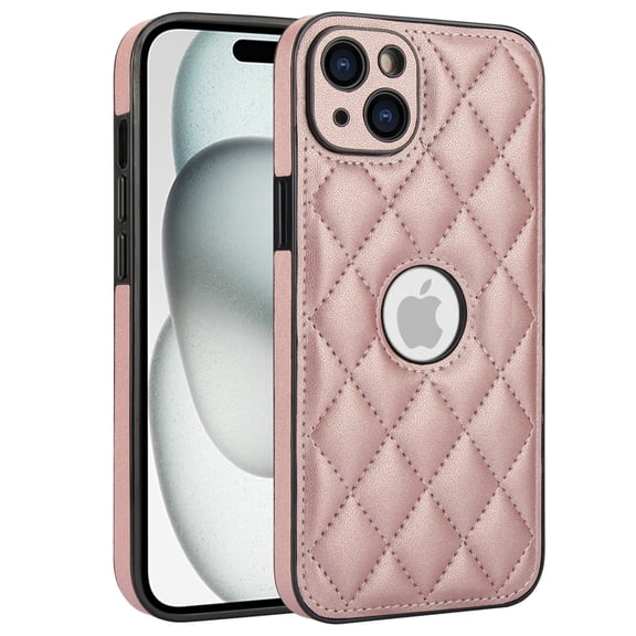 Logo View Design Compatible with iPhone 15 Phone Case Luxury Diamond Plaid PU Leather Vintage Slim Non-Slip Soft Grip Shockproof Anti-fall Heavy Duty Protective Case Cover,Rosegold
