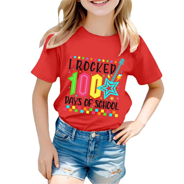 LUOGENLI T-Shirt pour Filles Garçon et Fille Mode Décontractée Imprimé Col Rond Ample Manche Courte T-Shirt Haut Longues Chemises pour Filles Taille Haute Rouge 2-3 Ans