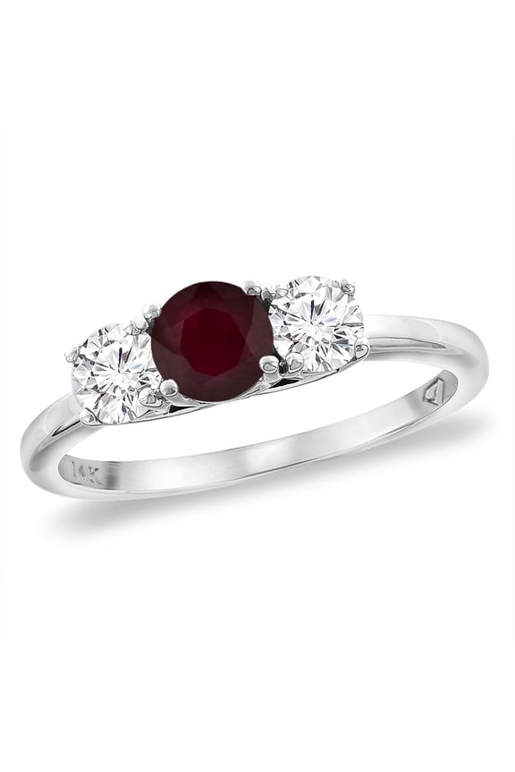 14K White Gold Diamond Enhanced Genuine Ruby Engagement Ring 5mm Round, size 5