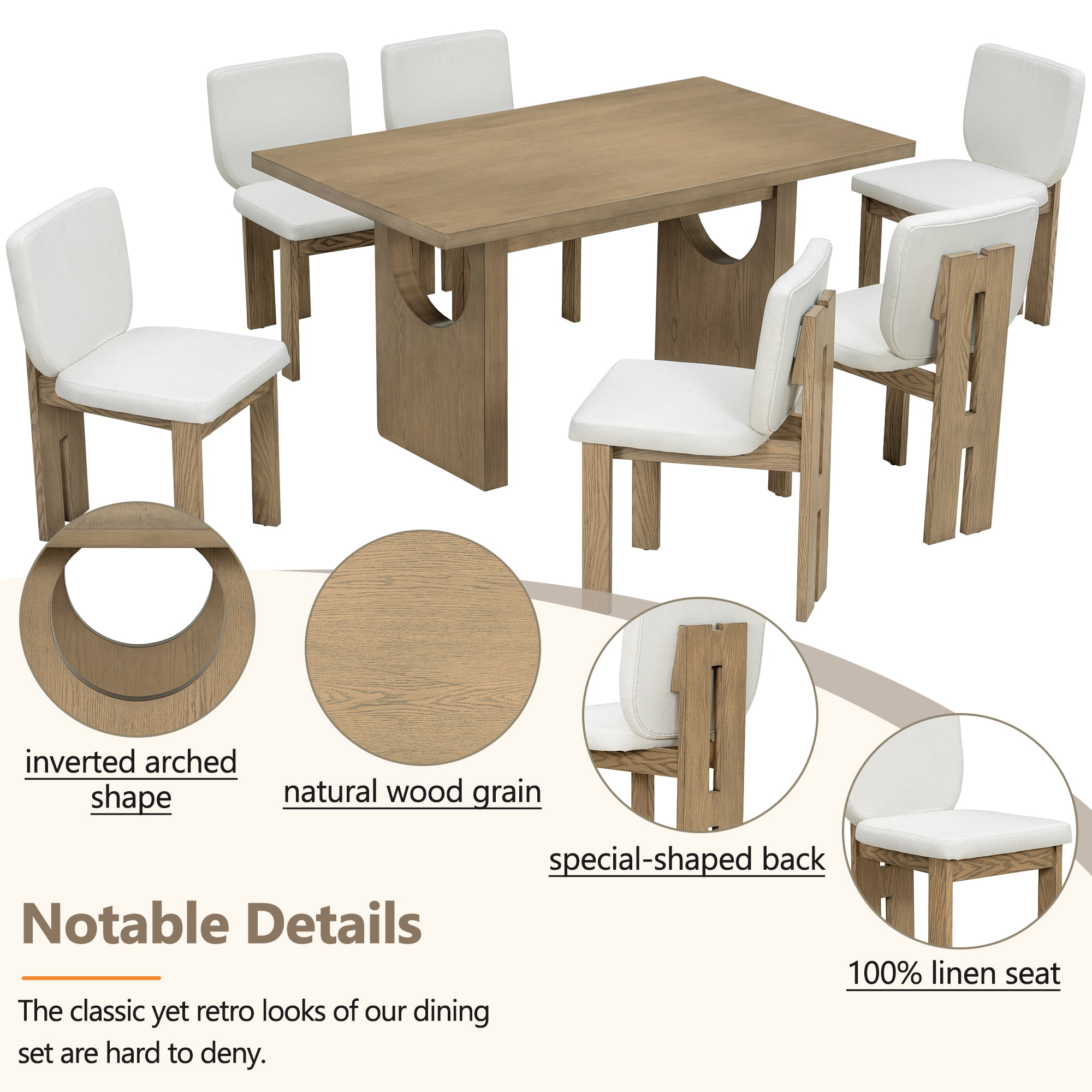 7-Piece Dining Table Set for 6, 60" Rectangular Dining Table with 6 Upholstered Chairs