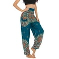 thumbnail image 3 of SWSMCLT Women's Boho Yoga Pant Smocked Waist Hippie Bohemian Thai Indian Pants with Pocket Cinched Bottom Elastic Waist High Waisted Floral Sunflower Printed Green One Size, 3 of 5
