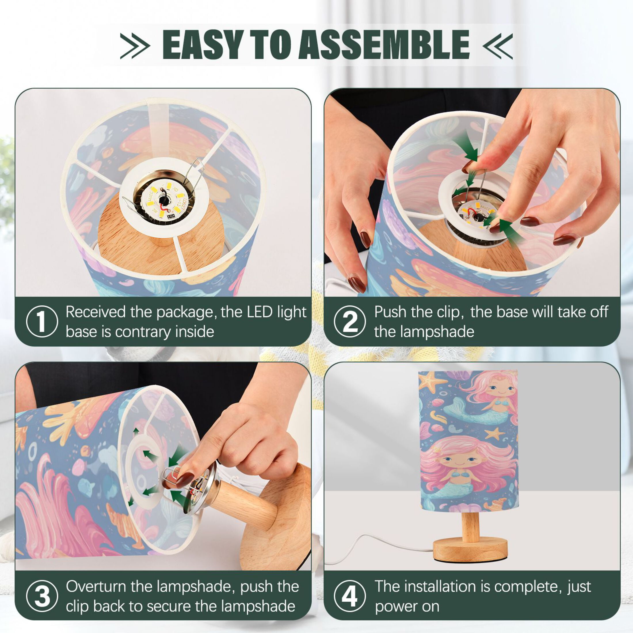 RMDQTR LED Push-Button Switch Warm-Tone Desk Lamp Plug-and-Play No Assembly Required Cute Little Mermaids