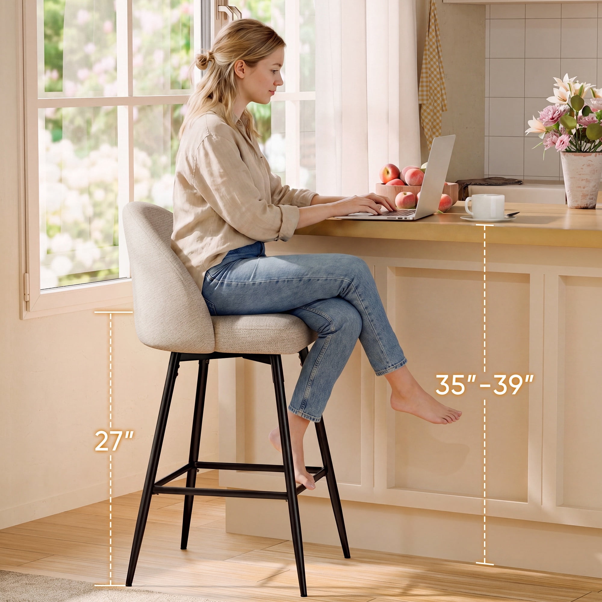 CDCASA Counter Height Bar Stools with Back Sets of 4, 360°Swivel Upholstered Barstools with Metal Legs, 27" Seat Height Bar Stool for Kitchen Island, Light Flax