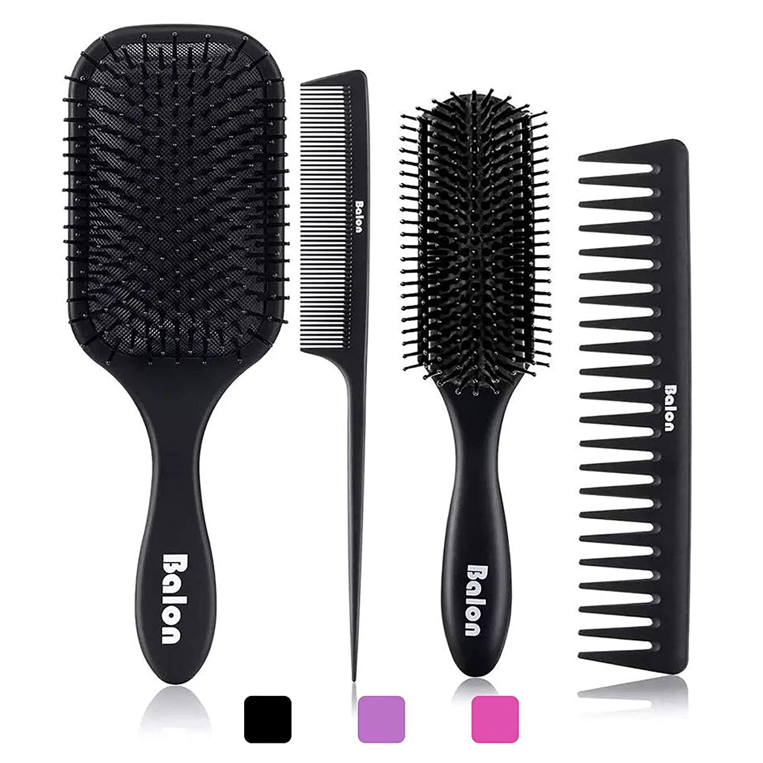 4Pcs Paddle Hair Brush, Detangling Brush and Hair Comb Set for Men and  Women, Great On Wet or Dry Hair, No More Tangle Hairbrush for Long Thick  Thin Curly Natural Hair（Black） -