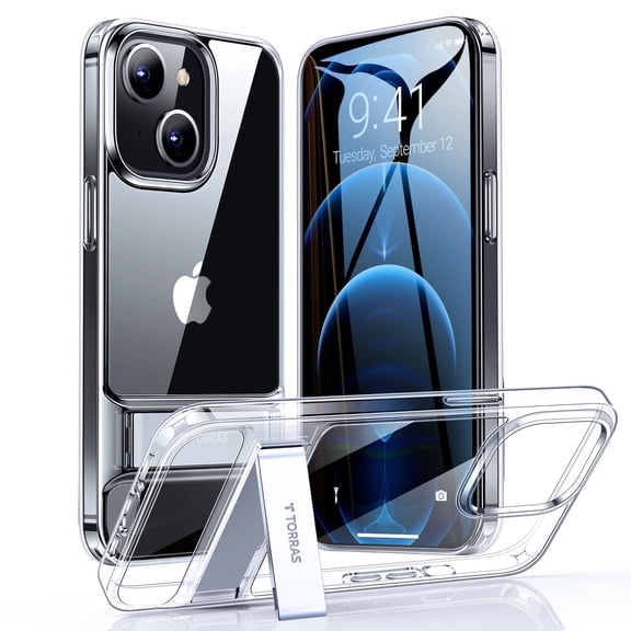 TORRAS iPhone 13&iPhone 14 Case with Stand, 3-Way Stand, Shockproof,Anti-yellowing,Clear.