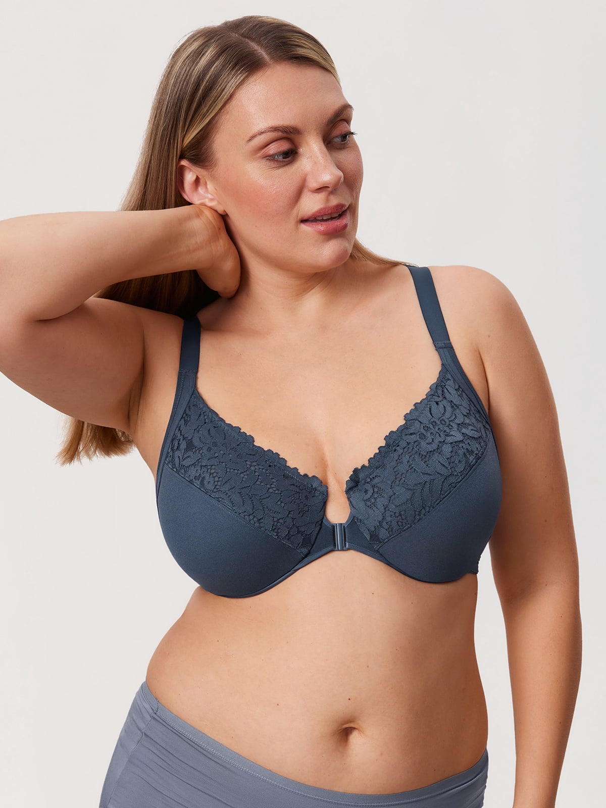 DELIMIRA Women's Front Closure Bras Posture Full Coverage Plus Size Lace Underwire Unlined Bra