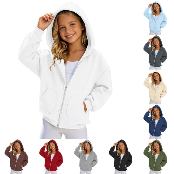 RUTAYY Girls Zip Up Hoodie, Basic Solid Color Full Zip Long Sleeve Sweatshirt Casual Fall Jacket with Double Side Pockets for Kids White
