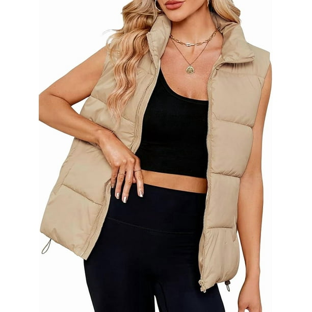 Chaleco Acolchado para Mujer, Abrigos de Abrigo, Chaquetas y Abrigos con Bolsillos. Caqui XXL