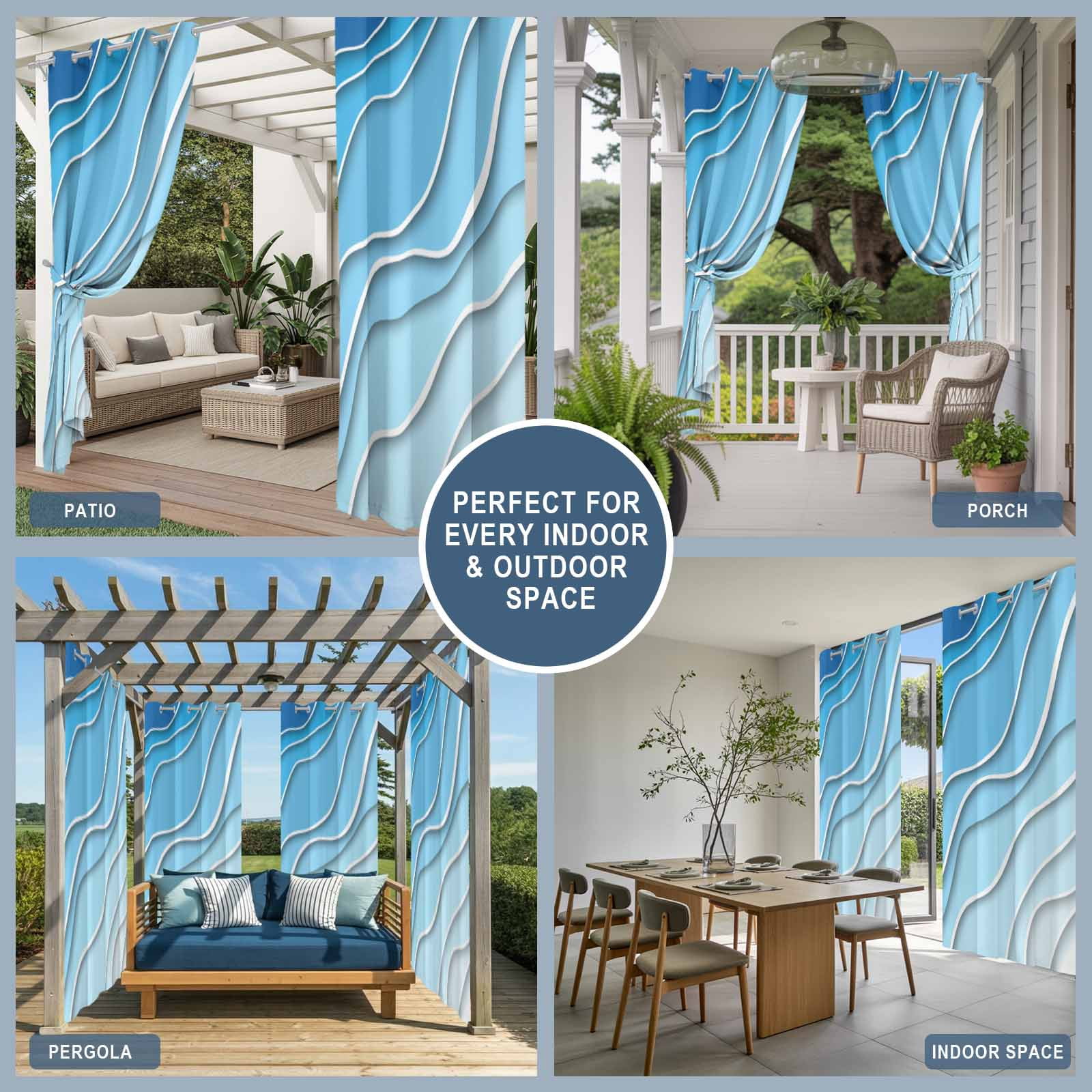 Outdoor Curtains for Patio Waterproof, Blue Aqua Ombre Windproof Pravicy Outside Porch Blackout Curtain, Modern Geometric Abstract Aesthetic Cream Sun Blocking Grommets Curtains for Cabana 54"x108"