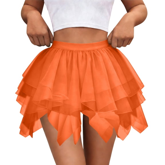 hotojiny Mini Skirt for Women High Waist Mesh Flowy Hem Summer Skirts Multi-layer Ruffle Trim Fashion Dance Party Skirt Clubwear