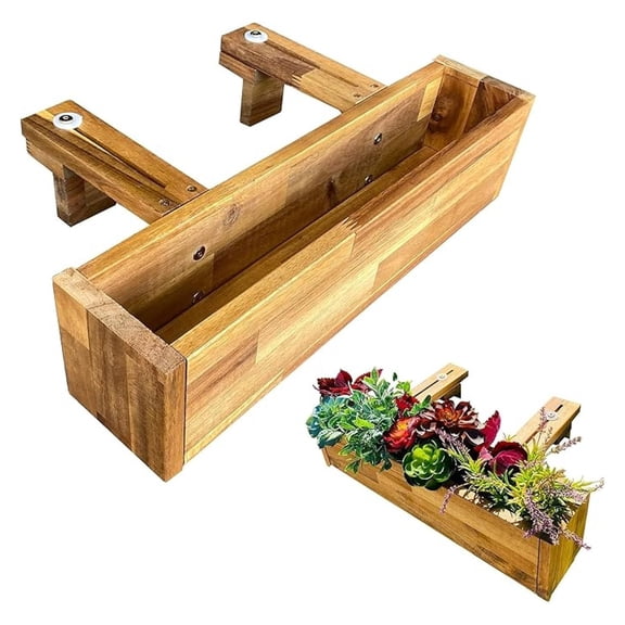 Wood Railing Planter Box, Outdoor Hanging Flower, Plant, & Boxes, 20-Inch Wide x 5-Inch Tall x 4.5-Inch Deep Rectangular Porch, Deck, & Balcony Planters, Teak Color