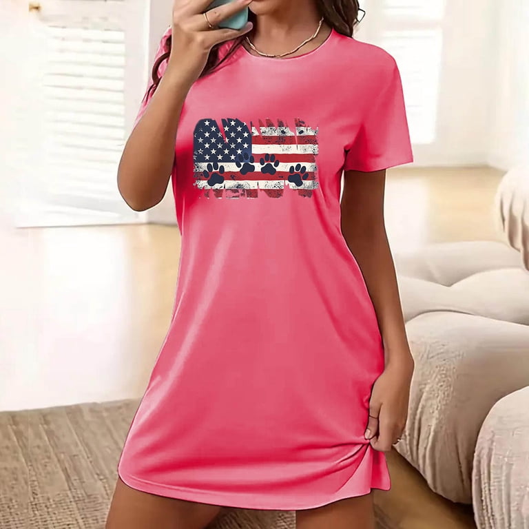 WREESH Comfort Nightwear Women's Short T-Shirt Dress 4th of July Theme Short Sleeves T-Shirt Dresses Hot Pink
