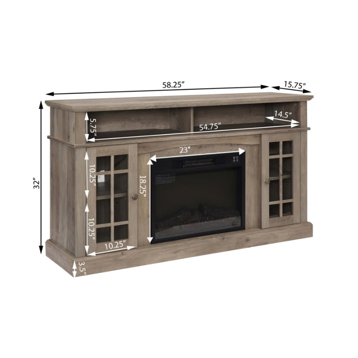 Hommoo Classic TV Media Stand with 23" Fireplace Inset and Storage, Modern Entertainment Center Console Cabinet for TV Up to 65", Gray Wash