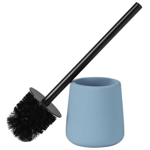 Navaris Toilet Brush and Holder Set, Blue - Toilet Brushes & Holders - Soft Touch & Rubber Coated Loo Brush with Stainless Steel Handle - Adjustable Silicone Water Stopper