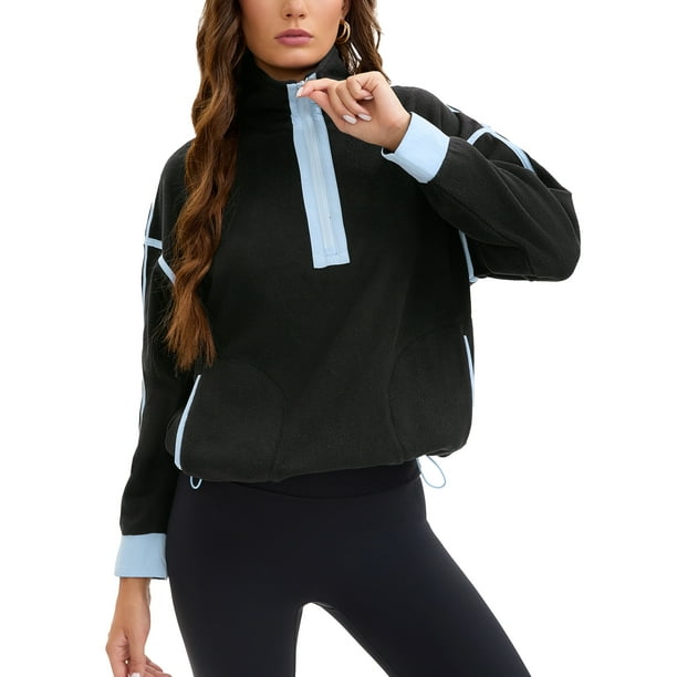 Sudadera recortada para mujer ATHLECHIC con media cremallera, pulóver de forro polar, chaqueta oversized con bolsillos, S, negra