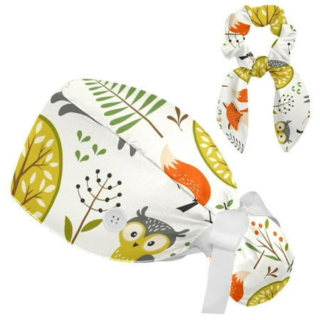 

Working Cap with Buttons and Sweatband Scrub Hat Bouffant Caps with Scrunchie Animals and Plants Tie Back Hats