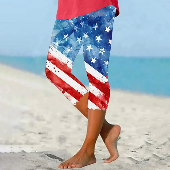 AGWOLF Independence Day Plus Size Legging Capris for Women Tummy Control High Waisted Capris 4th of July Patriotic Cropped Trousers Stretchy Yoga Pants Multicolor 2XL
