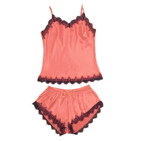 

JeashCHAT Lingerie for Women Sexy Naughty Women Sleepwear Sleeveless Strap Nightwear Lace Trim Satin Cami Top Pajama Sets