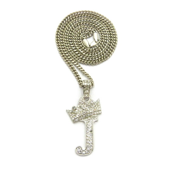 Stone Stud Allover Tilted Crown Initial J Pendant w/ 3mm 24" Cuban Chain Necklace, Silver-Tone