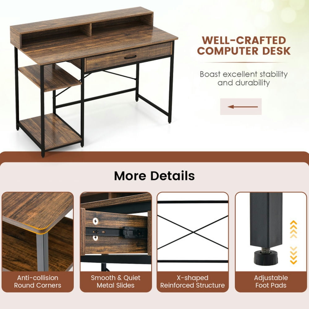 Demi Bonn 48" Computer Desk with Monitor Stand Drawer and Shelves, Small Home Office Desk Study Writing Table, Brown