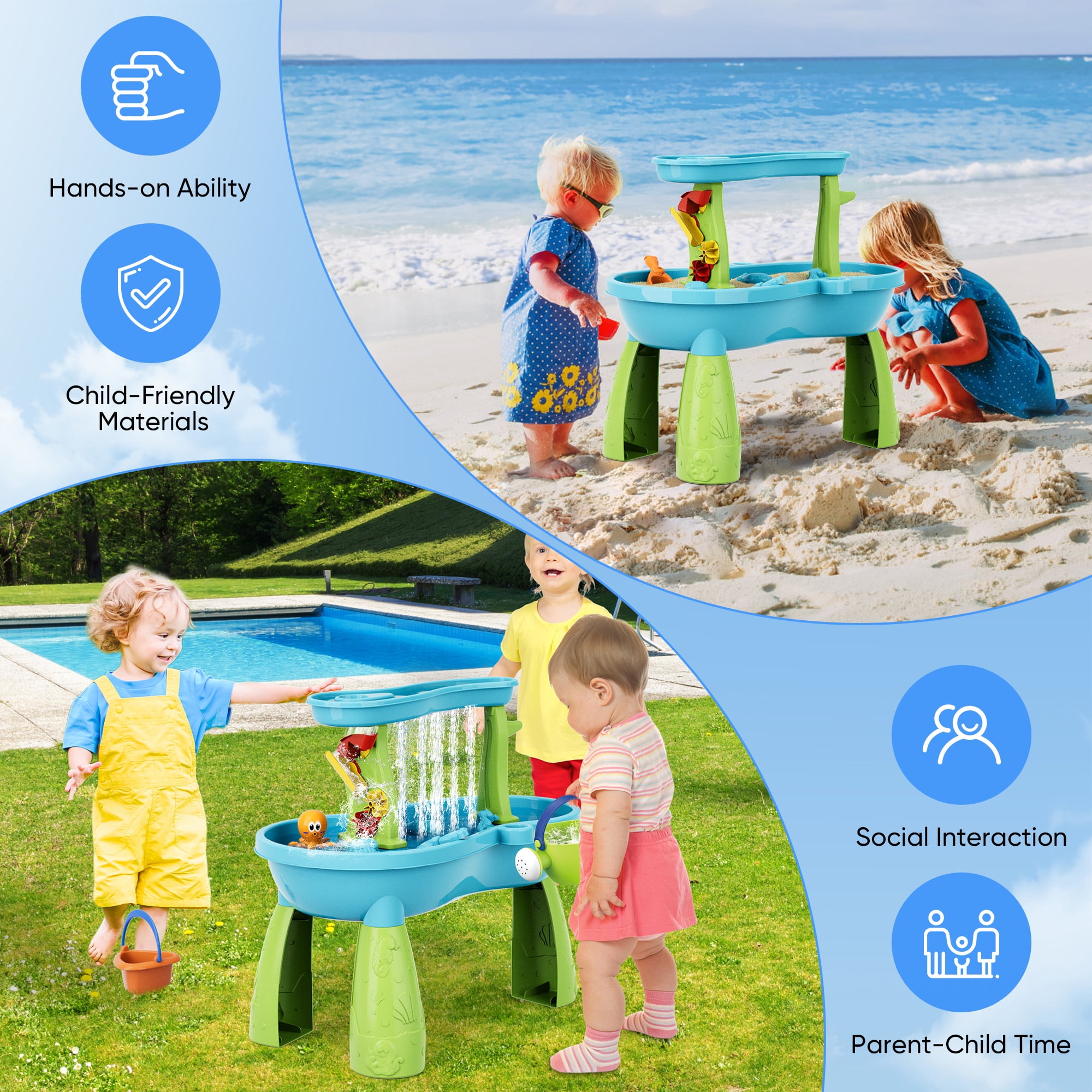 Yexmas Sand Water Table Toys for Toddlers,2-Tier Rain Pond Activity Sensory Play Table Beach Summer Outdoor Toys for Kids Boy Girls