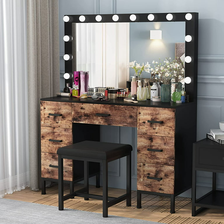 PAKASEPT Vanity Set with Lighted Mirror, Makeup Vanity Dressing Table with  LED Light, Drawers, Storage Shelves and Cushioned Stool, Small Vanity Desk  for Bedroom 