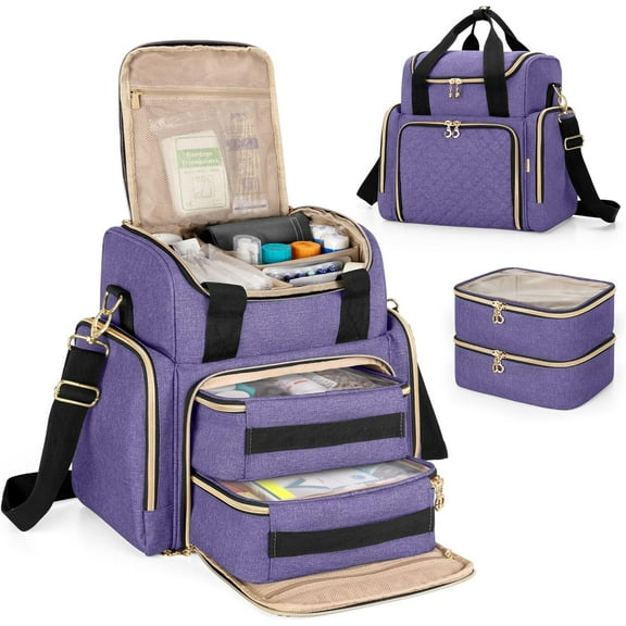 Large Medicine Bag with 2 Removable Cases, Medicine Storage Bag with Multiple Storage Sections (Suitable for Travel or Home), Purple