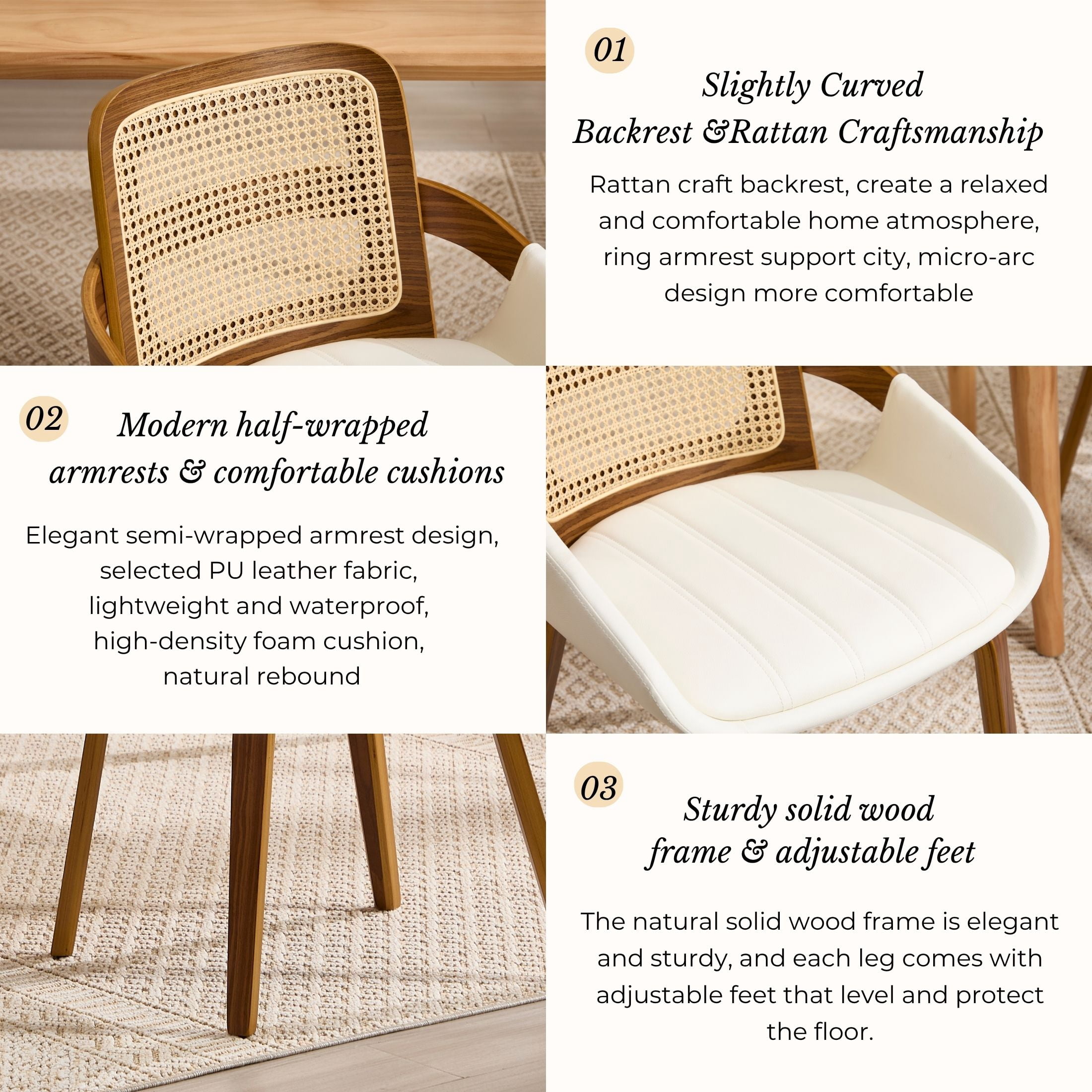 Guyou Modern Rattan Dining Chair Set of 6, Solid Wood Dining Side Chairs, PU Upholstered Kitchen Chairs with Armrests for Kitchen Dining Room Living Room, White