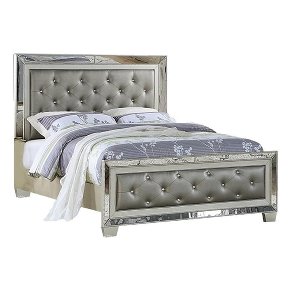 Benjara Reva California King Bed with Mirror Inlay-Upholstered Gray Faux Leather