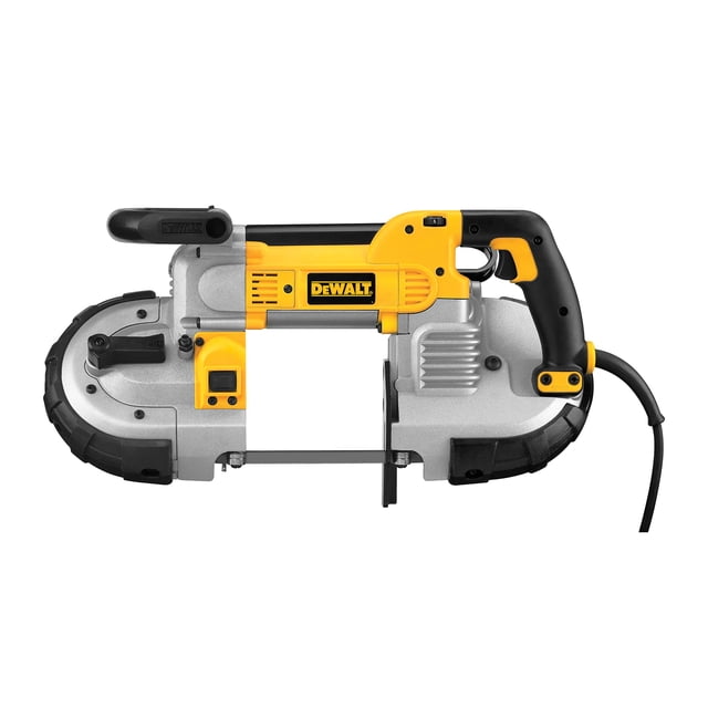sierra de cinta portátil DEWALT GID-298457 Deep Cut 10 A 5 pulgadas vista lateral centrada en amarillo y gris con mango delantero ajustable y empuñadura en D; carcasa de acero con parachoques de goma, etiqueta DEWALT visible, hoja de banda expuesta en la parte inferior y cable de alimentación; perilla de velocidad variable y gancho para colgar integrados, adecuada para cortar tubería y perfiles metálicos en obra.