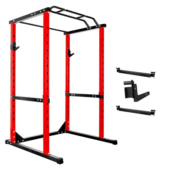 Tanfengu 1200LBS Power Cage Squat Rack, Red Heavy-Duty Steel Power Rack with Pull-Up Bar, Adjustable J-Hooks for Home Gym Workouts