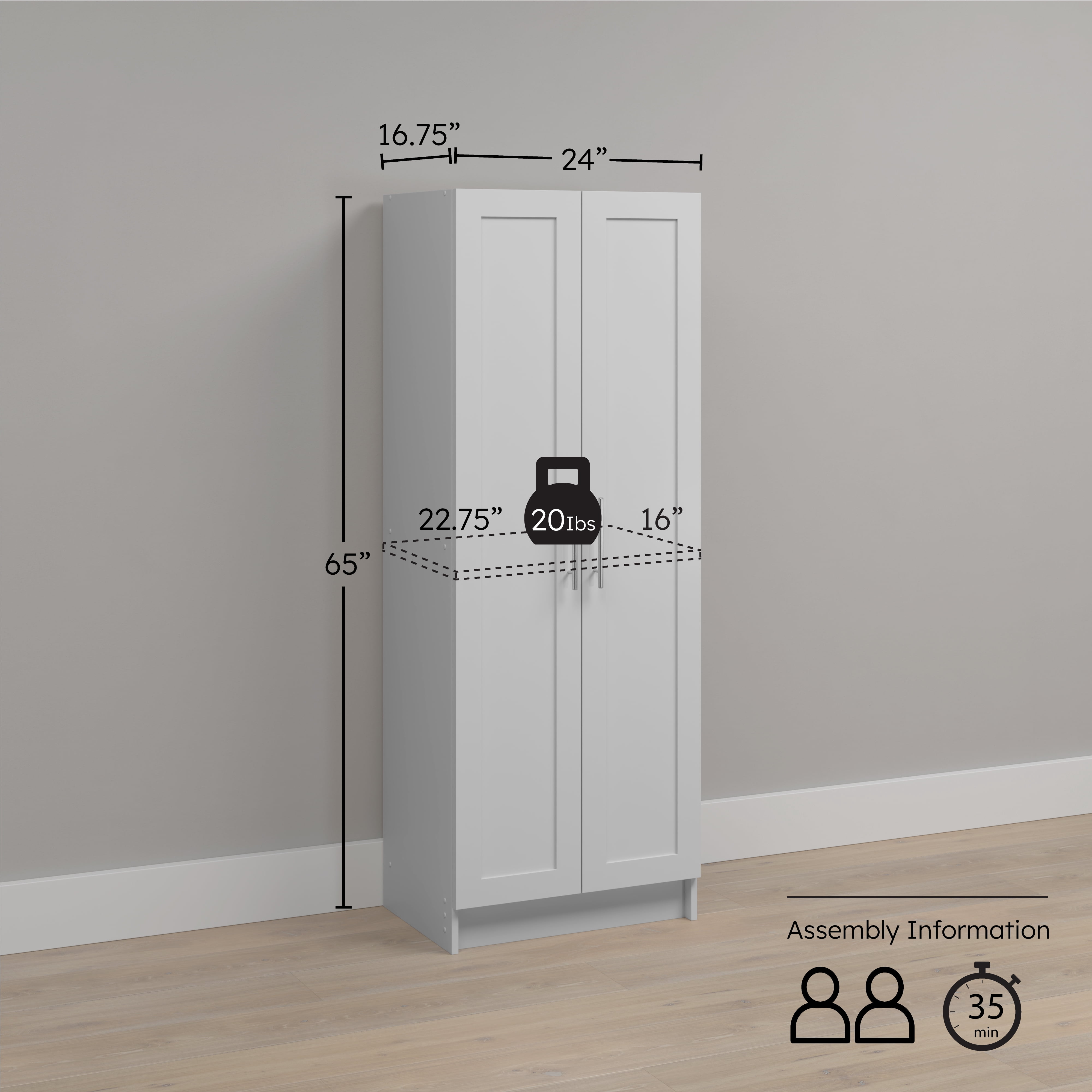 Prepac Elite Plus 24" Wide Storage Accent Cabinet with Panel Doors, White Storage Cabinet, Bathroom Cabinet, Pantry Kitchen Cabinet with 3 Shelves 16.75" D x 24" W x 65" H