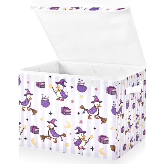 Yayeee Collapsible Cube Storage Bin with Lid Fabric Closet Decorative Basket with Handles, Purple Halloween Gooses