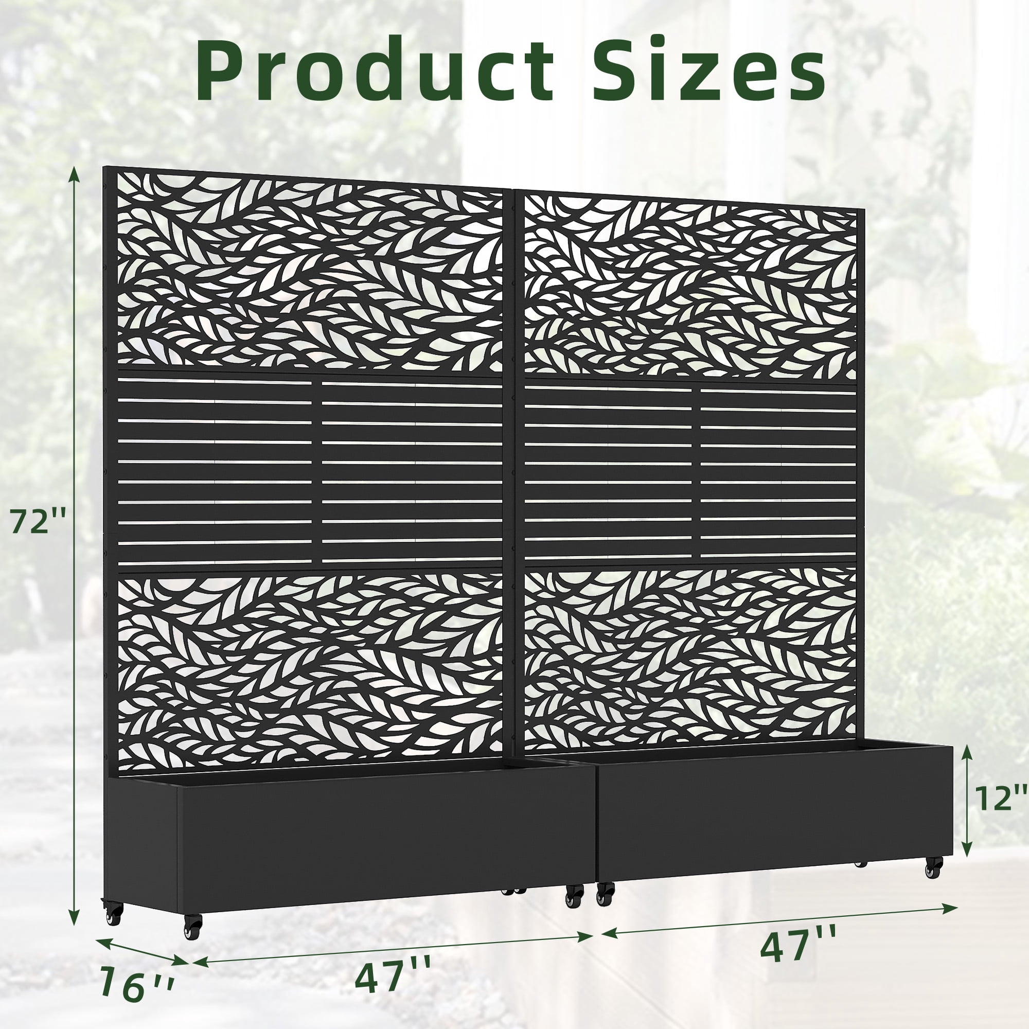 MAYEERTY 2-Set 47*16" Outdoor Black Metal Planter Box with Trellis for Climbing Plants,Leafy & Parallel Pattern