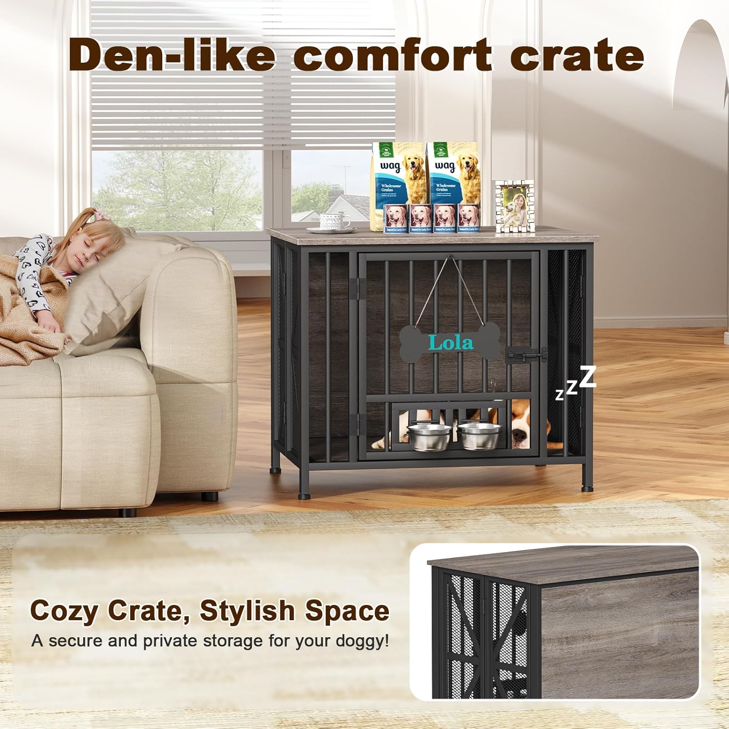 POAO 31.5"Assembly-Free Dog Crate Furniture for Small Dog, Foldable Dog Kennel Indoor with Tag &Adjustable Dog Bowls, Wooden Dog Cage,End Table