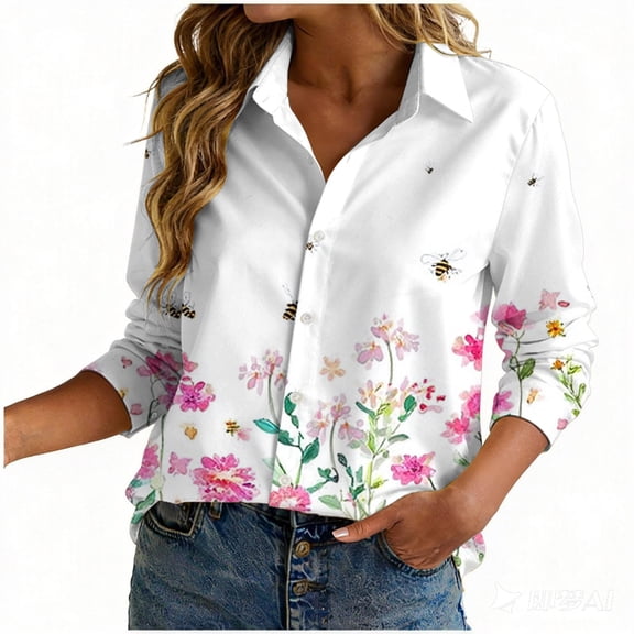 felwors Button Down Shirt for Women 3/4 Sleeve Blouses Floral Printed Tops Business Casual Work Outfits (White, L)