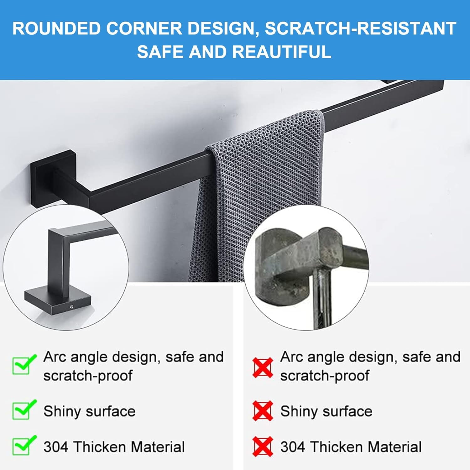 stusgo Matte Black 5-Piece Square Bathroom Hardware Set with Towel Bar, Hook, Toilet Paper Holder and Ring（Black）