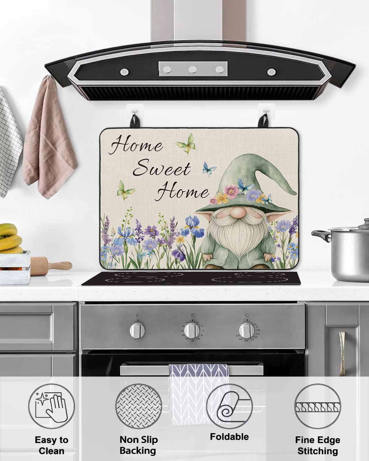 nqOlkjepod Large Induction Cooktop Protector Mat 28.5"x20.5", Rustic Gnome Stove Top Covers for Electric Stove, Spring Flowers Butterfly Beige Burlap Stove Burner Cover Mats, Glass Top Stove Cover