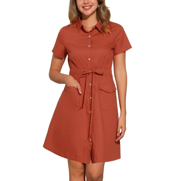 Vestido mini de mujer Inspire Chic con ajuste y vuelo, cuello, bolsillos y cintura elástica en color rojo ladrillo